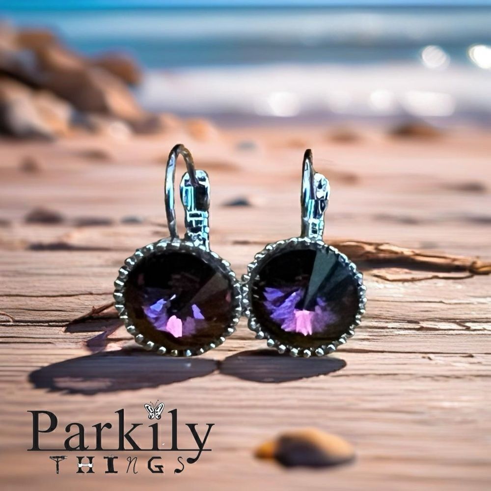 Handcrafted earrings with sparkly amethyst purple rivoli Swarovski crystal